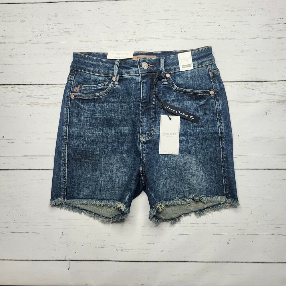 Judy Blue Dark Wash Denim Jean Shorts with Frayed Hem